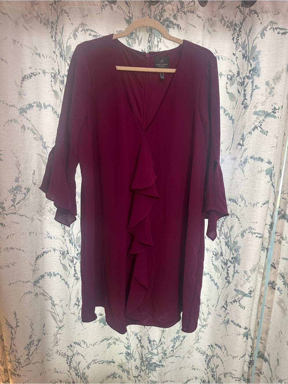 Adrianna Papell Burgundy Ruffle V-Neck Tunic